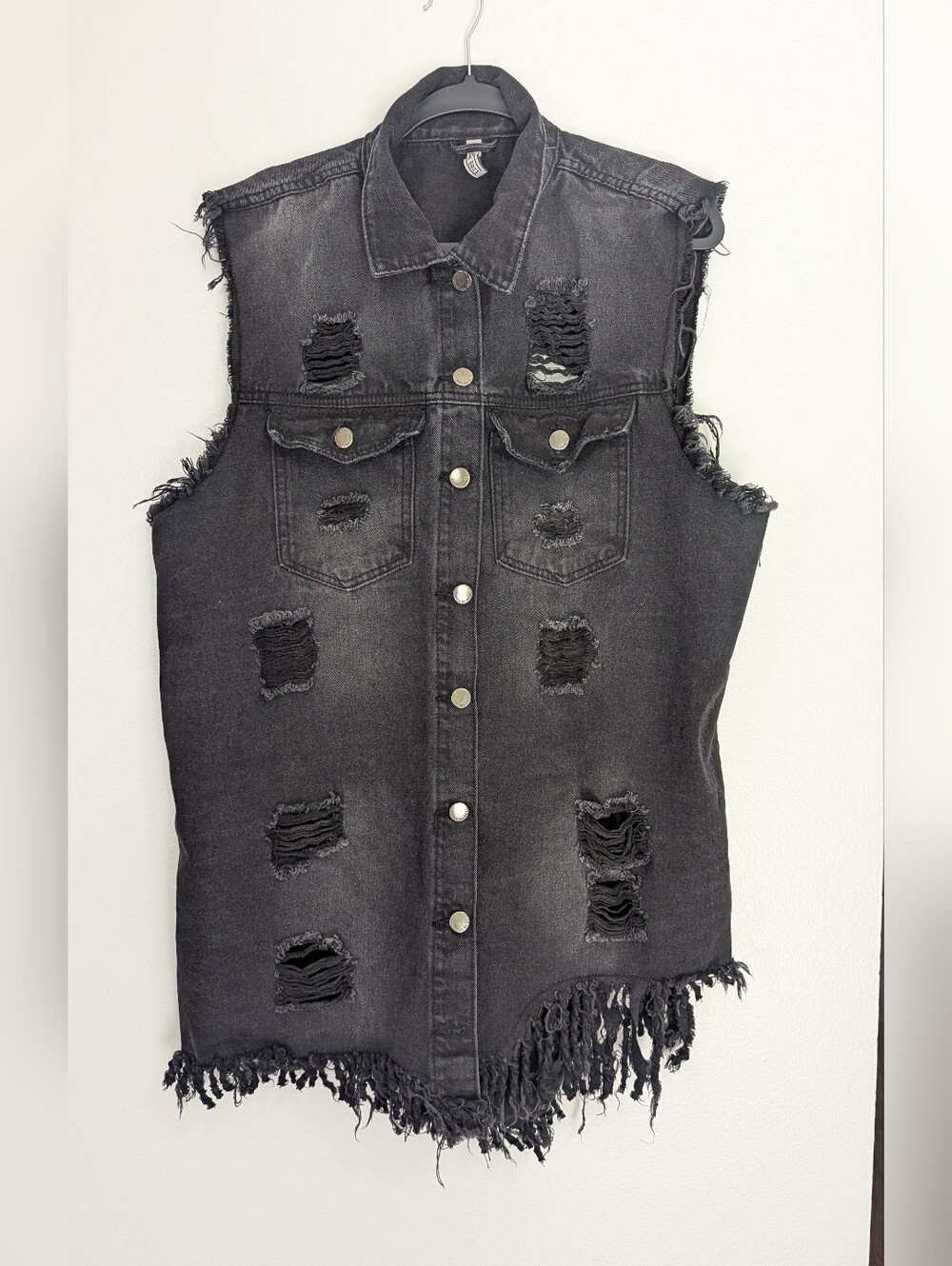 American Bazi Distressed Frayed Black Denim Vest Cutout Open Ripped Back Size 2X